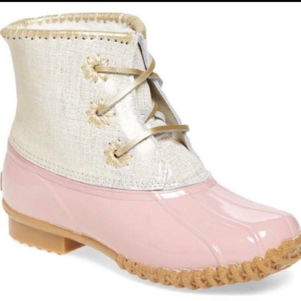 Jack Rogers Chloe Blush Metallic Pink and Cream Duck Rain Boots